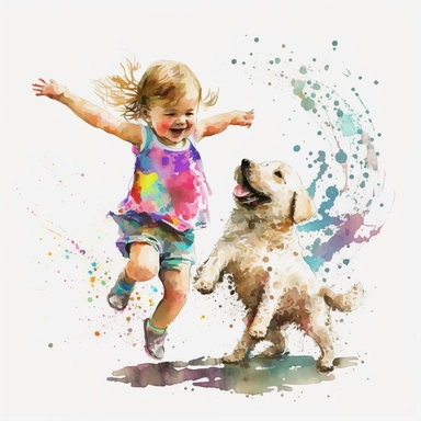 baby girl with dog dancing Watercolor Clipart, drip effect, clean white background, 16K Colors, clean white background