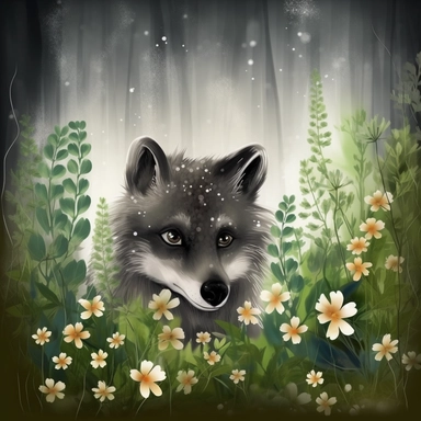 clipart - cute wolf in magical forest hiding from rain under brackens, gloom flowers, painting
