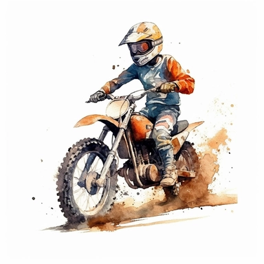 Vintage kids Dirt Bike with a kid riding it on dirt with helmet ,Watercolor,Clipart,Isolated, White background