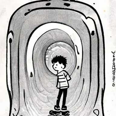 Clipart,Jeff Kinney’s “Diary of a Wimpy Kid” style, A student looking nervous as they go down the slide because there is someone standing at the bottom and they might run into them.