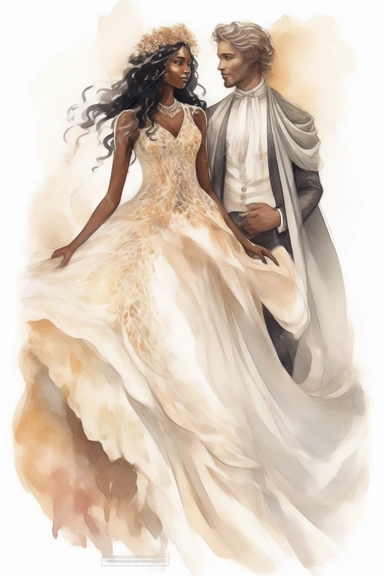 amazing detailed watercolor clipart of a beautiful smiling black woman bride and a Caucasian groom, the woman with a beautifully detailed Heavenly draping baroque-inspired haute couture gown on a beautiful young woman stunning seraphim posing a classical fashion setting and a long veil, holding hands with a handsome young caucasian groom, no caption, solid white background, cinematic light lighting, hyper-detailed, 8k, high resolution, symmetrical, body shot photograph, insanely detailed and int