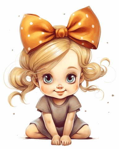 a happy cute little girl a five year old, bow on the head, blond hair, dress, gift in the hands, style by Lusy Fleming, folk art, watercolor, clipart elements, smooth gradients, black contour outline, ultra detailed, white background, super clear, high quality