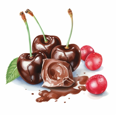 create a beautiful highly detailed watercolor clipart image of a old fashioned CORDIAL CHERRIES, CHOCOLATE COVERED CHERRY WITH A BITE TAKEN OUT AND LEAKING OUT, DISNEY STYLE, white background, no text, no font