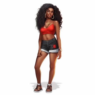 beautiful black teenage girl with beautiful flowing mid-length hair, dressed casually. Full perspective and, long shot A young black woman with full lips and a big beautiful smile, dressed in black shorts and a red tank top, has mid-length flowing hair and beautiful shapely legs, wearing heels, clipart in the style of digital airbrushing, feminine sticker art, dollcore, realistic face, realistic body, glamorous,