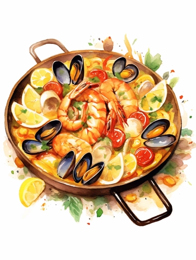 A delightful watercolor, hyper - realistic clipart image with a white background and white margins, showcasing a valencian paella. The ultra - detailed, hand - drawn elements capture the golden chicken, oysters and green kallo sliced into 1 inch pieces with butter beans with lemon slices on top. Layered ontop of yellow rice. Use whimsical touches to add a sense of freshness, and bold shades of yellow and brown to evoke the comforting and satisfying nature of this classic fast food dish. colourfu
