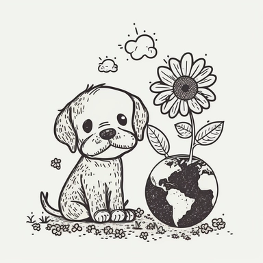 planet earth vector retro line-art doodle, earth day, flowers growing out of earth, and a dog sitting on earth, vector illustration 2d flat, cute, clipart, flat, 2d vector, minimalist, black and white, cartoon, svg cut file, line art drawing — ar 4:5
