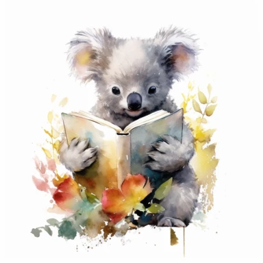 baby koala reading a book, floral, watercolor painting by Thomas W. Schaller, clipart, white background