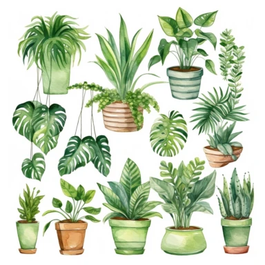 Watercolor House Plants Clipart. Indoor Plants Elements. Monstera, Cactus Illustration. Boho Home Decor Clipart. Home green garden. Plants in pots