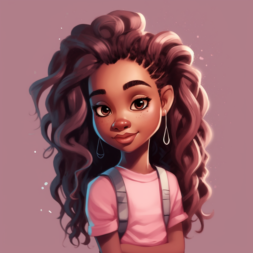 cute little american black girl, messy long pink modern hair, brown eyes, face, portrait, different expressions, clipart, high resolution, sarah kay style