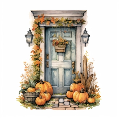 watercolor and colored pencil illustration of a quaint front door at halloween, highly detailed, realism, isolated on white background, high resolution clipart
