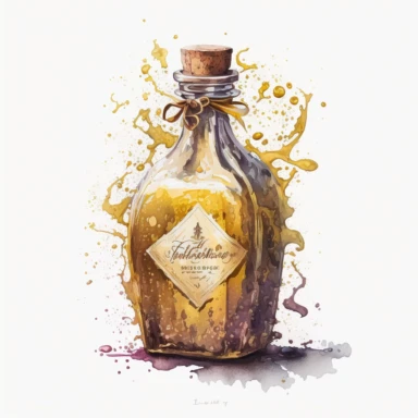 A bottle of Felix Felicis, the liquid luck potion shimmering gold, watercolor by Joseph Zbukvic, clipart, solid white background.