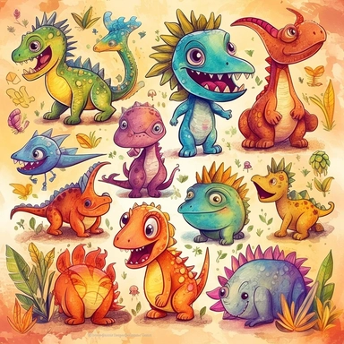 cute dinosaurs illustrations, in the style of playful visual puzzles, vibrant brushstrokes, digital painting and drawing, playful and whimsical designs, scrapbook, henri rousseau, detailed textures, dinosaurs eps illustrations, in the style of playful brushstrokes, playful visual puzzles, whimsical collages, art of tonga, vividly bold designs, watercolor, vibrant comics, clip art, vector illustrations, vector clipart, in the style of vibrant and textured brushwork, playful visual puzzles, vibran