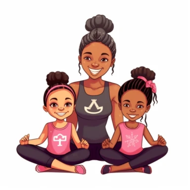 cute black chibi mommy and daughter doing yoga, smiling and wiearing a pink cap, clipart, childrens book charachter, must have correct number of fingers and toes