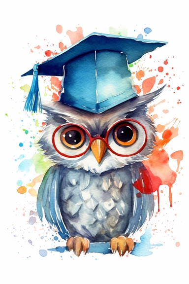 Create a watercolor clipart picture of a cute and happy owl wearing a graduation cap. The owl should have an adorable and delighted expression, with its feathers depicted in soft watercolor textures. The graduation cap should be adorned with a tassel and placed on the owl’s head. Surround the owl with celebratory elements such as confetti, balloons, and diplomas.