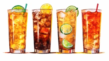 watercolor illustration of 4 Long Island Iced Tea drinks in a long glass on white background expressive graphic illustration, bold colors, dynamic linework, exaggerated proportions, intricate shading, emotive expressions, digital painting, clipart, mixed media, emotional storytelling, white background,