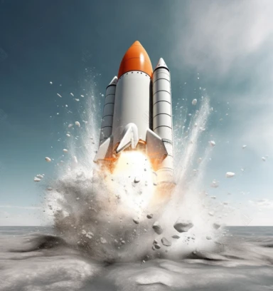 an photorealistic rocket launching off the tidal wave 3d render image in creative commons 3d clipart, in the style of webcam, light gray and orange themed, faceted shapes, stock photo, computer-aided manufacturing, stockphoto, flat and bold