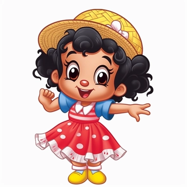a cute afro little girl dressed for a brazilian junina party, with a blue and yellow flowing dress, braids in her hair, red shoes, happy, Monica's gang style, Graphics Maurício de Sousa, digital art, big eyes, cartoon, clipart , country girl from festa junina from brazil cute drawing white background