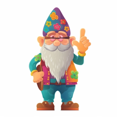 Cute hippie gnome, full body, Pixar Style, retro colors, peace and love, groovy clipart