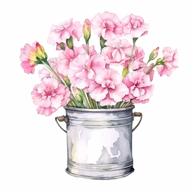 Watercolor carnation Beautyful Blooming Flower Clipart,flowers in the bucket,white background for removing background