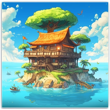 /v5_upscale, bright day, island in the blue sea house with pam clipart, high detail, spaced outultra scale, detailed, extremely bright, charming, stunning, extremely detailed, miracle, amazing, mercury clouds illumination, light background, vitamins, with holographic , dragon ball Jin the Turtle Master Roshi - Ultra Dragon Ball anime legends