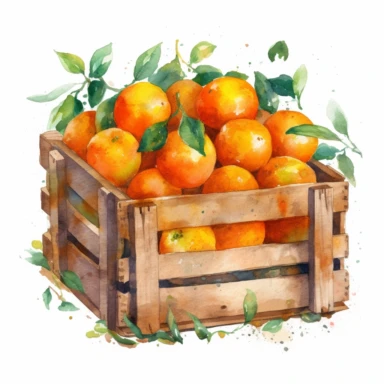oranges in a crate, watercolor clipart, minimalist, bright colors, isolated white background, 8k