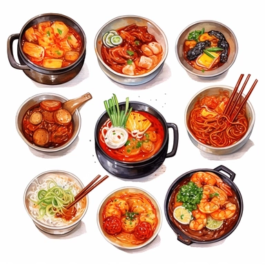Kimchi, Korean fried chicken, Tokpokki, Ramyeon, Jajangmyeon, Kimbap, Bibimbab, Shabu Shabu, Sundubu jigae, Ginseng chicken soup, korean food, white background, clipart, Object, vector collection, 8k, watercolor