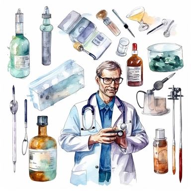 watercolor doctor related scenes , illustrations clipart set, simple, , cartoon elements ,different variants , glucometer, insulin syringe, nurse, doctor, stethtescope, mechanical body weighing scale, tweezers, microscope, ambulance, , separate elements with a margin
