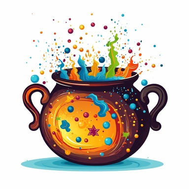 A witch's cauldron with a handle, filled with colorful potion bubbling over the top. The cauldron is decorated with stars and moons. Cartoon. Scary. white background, vector, clipart.
