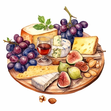 Watercolor cheese platter with wallnuts and grapes and raisins and figs nicely placed along with cheese on a very large wooden flat plate or cutting board, illustrations clipart set, simple, soft colors, cartoon elements, different variants, cheese from around the world, wooden elements, separate elements with a margin