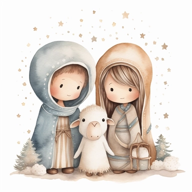 A watercolor painting of a cute nativity with Mary and Joseph, Christmas, cute detailed digital art, inspired by nicoletta ceccoli, by Kubisi art, whimsical and cute, by nicoletta ceccoli, cute detailed artwork, glimmering, adorable and whimsical, whimsic