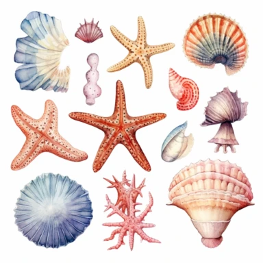 Ocean Life: Detailed watercolor illustrations of sea creatures, such as fish, seashells, starfish, and coral, bringing the underwater world to life. clipart, white background