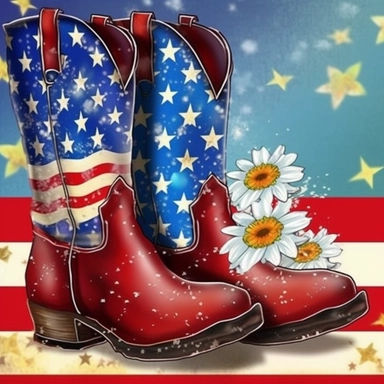American flag with Cowboy boots Flower Sublimation Clipart, Cartoon funny, Cute anime, Very detailed, Colorful firework sky background--v 5