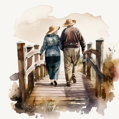 Old Couple Watercolor Clipart walking along a boardwalk with back towards us