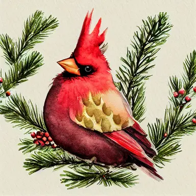 Cardinal bird, vintage lantern, winter greenery. Christmas clipart. Watercolor illustration. Pine fir branches, Holly berry, gold apple, coin. Floral bouquet. Holiday decor for print, card making