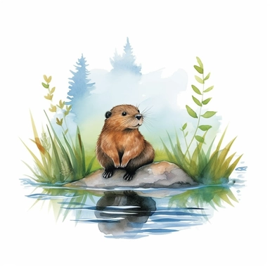woodland animal cute baby beaver swimming in pond watercolor clipart detailed