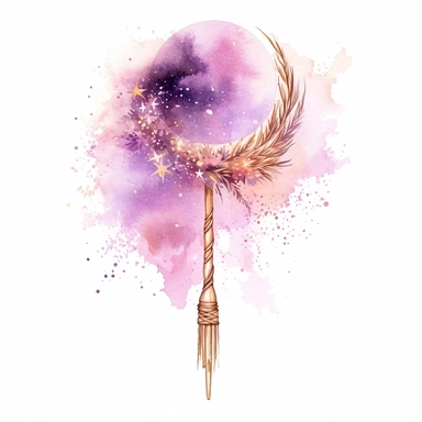 Broomstick, in the style of watercolor illustrations, pink and gold, soft lilac, magical and mystical, galaxy elements, modern minimal watercolor, on white background, clipart