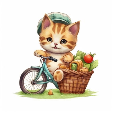 Create a clipart of a cute kitten riding a bicycle with a basket full of picnic food, ready for a day in the park. Low detail. White background, soft lighting. In the style of Bob Ross
