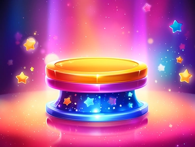a cartoon illustration of a pedestal base with decorative trim on a colorful abstract sparkley stars background, spotlights pointing at it, clipart, rendering, bokeh rounded shapes