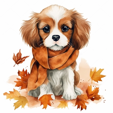 create a beautiful original high quality highly detailed watercolor clipart image of a small happy and adorable king charles cavalier puppy sitting down while looking up at you with loving eyes wearing an adorable autumn scarf, include high detail to the puppys fur and eyes, include detail to the scarf, include fall colors, white background, no text, no font, no words