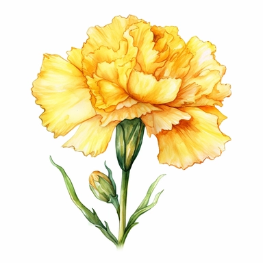 Watercolor yellow carnation clipart on a white background in the style of feminine sticker art, Tanya Shatseva, storybook illustration, bright yellow and golden hues, Georgia O'Keeffe, flower and nature motifs, colored line art, colored outlines, cottagecore design, watercolor on white background, ombre, sunny tones, colored line art, colored outlines, iridescent ombre, gradient shading, symbol of cheerfulness, vibrant digital art oil paint photorealism, an illustration of a colored flower, meti