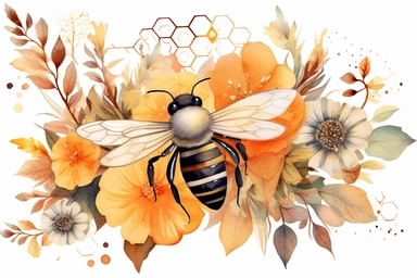 various individual watercolor clipart, vector, bees, beesweep, flowers, hives and honeycombs, in the style of dimitra milan, light gold and amber, mundane materials, cottagepunk, craftcore, floral accents,