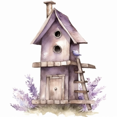 Clipart, lavenderaround wooden bird house, watercolor, whimsical, enchanting, nostalgic, minimalistic