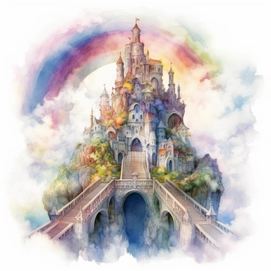 high level watercolor, hyper realistic, white background with margins, 8k, ultra detailed clipart, large, A floating sky castle, surrounded by dreamy clouds and a rainbow bridge leading to its entrance, fairy, cool, dream pastel color