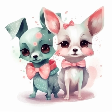 watercolor clipart of an adorable cute dog couple wearing nice clothes, different lateral standing poses, perfect both ears and hands, different colors, a few flowers decor, cute cartoon animal