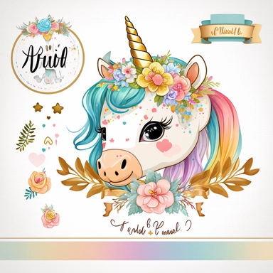 cute unicorn in chibi style with flowers in hair, colourful rainbow colours, well lite, with name plate ribbon with gold trim, watercolor clipart using procreate grain brush, svg white background