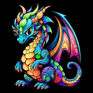 cute cartoon vibrant multicoloured dragon clipart, black background,--no cut off edges