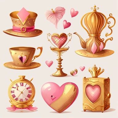 collection of hat , teapot,book, teacup, hearts cards, big crazy hat, gold melting clock , hourglass, queen of hearts , hearts paying cards vector clipart gold and light pink on white background