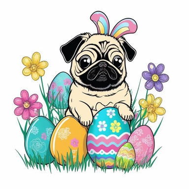 easter pug hawaiian colourful anime manga kawaii cute vibrant clipart trippy vivid, white background