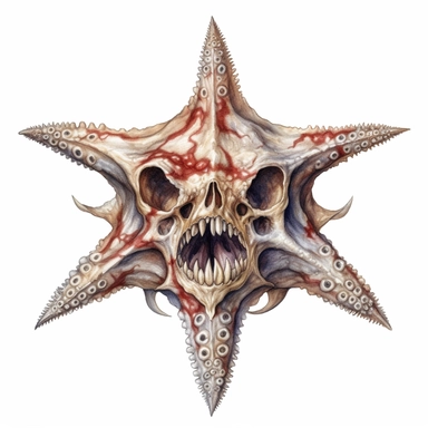 scary face of a demonic starfish skull looking head on, watercolor, ultra high-detail, dark outlines, hyperrealism, white background, clipart