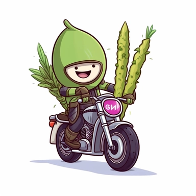 Create a clipart of a cute vegetable asparagus wearing a colorful leather jacket and riding a motorcycle. Kawaii. White Background, soft lighting.